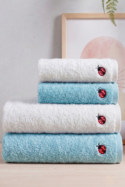 Lena 4-Piece 100% Cotton Bamboo Embroidered Hand - Face - Head / Kitchen Towel Set (2 Pieces 50X90 cm - 2 Pieces 30X50 cm) | Mother and Daughter Dowry Towel Set | Premium, Soft, Absorbent, and Durable