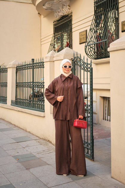 Women's Shawl Detailed Shirt Set Brown