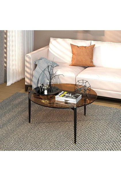 Tempered Glass Coffee Table Round Large Center Table 80 x 40cm Modern Sofa Table Minimalist High Gloss Brown Tinted Glass Top Table with Matt Black Leg Clear Low Circle Centre Table for Living Room