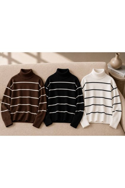 3-Piece Women's Winter Striped Knitwear Sweater Turtleneck Soft Textured
