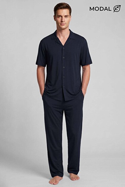 Egyptian Men's Modal Blend Buttoned Pajama Set Dark Navy Blue