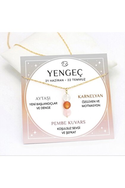 Yengeç Burcu Doğal Taş Altın Kaplama Zincirli Kolye Aytaşı, Karnelyan ve Pembe Kuvars