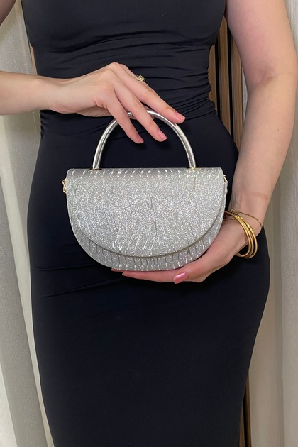 Women's Silver Glitter Chain Strap Evening Dress Bag