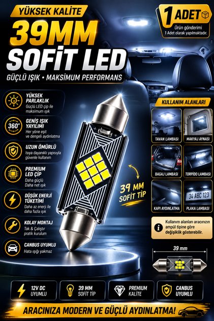 39MM Sofit LED Ampul 1 Adet 12V Canbus Beyaz Işık Tavan Bagaj Torpido Plaka İç Aydınlatma