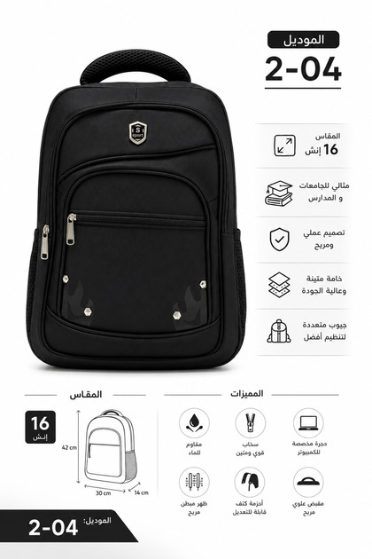شنطة ظهر سوداء 16 بوصة مقاومة للماء متعددة الجيوب للجامعة والمدرسة – موديل 04-2