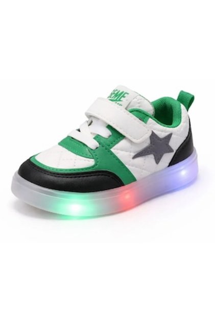 Pantofi sport pentru copii cu LED-uri, Negru-Verde, Talpă luminoasă flexibilă, Închidere cu arici, Design modern și confortabil, 22 EU 13.5 cm