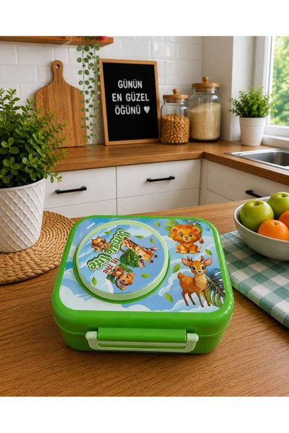 Çocuk Beslenme Kutusu– 3 Bölmeli Lunch Box, Orman Hayvanları Desenli Yeşil