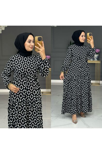 Baklava Pattern Cyclone Collar Waist Tunnel Tie-Up Mother's Viscose Tunic Dress