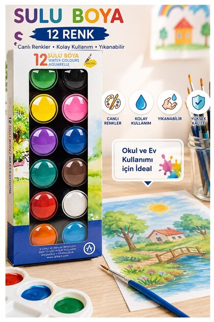 12 Renk Sulu Boya 28mm 1 Paket Ark 12 li Suluboya Fırça Hediyeli Canlı Renkler Kaliteli Yıkanabilir