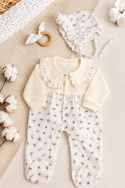 Baby Girl 3-Piece Romper Set Floral Patterned Romper Hat Wooden Teether Gift Boxed Cotton
