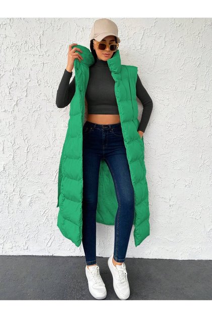 Women's Pistachio Green Stand-Up Collar Double Pocket Belted Long Puffer Vest