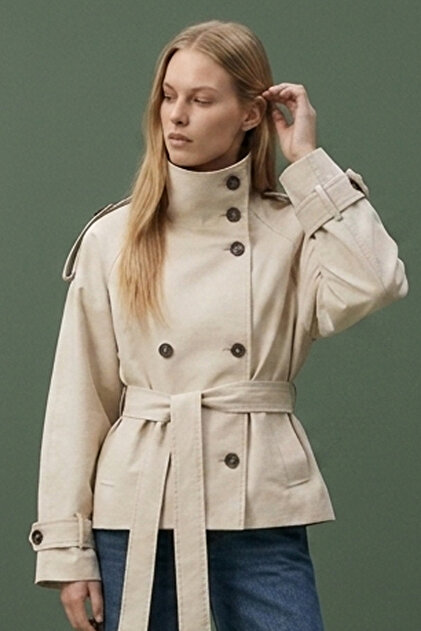 Straz Women's Trench Coat & Jacket & Coat with Stand Collar, Belted Pockets - Beige