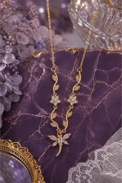 V Model Luxury Steel Necklace with White Stone Ivy Dragonfly Figure (Gold Color)