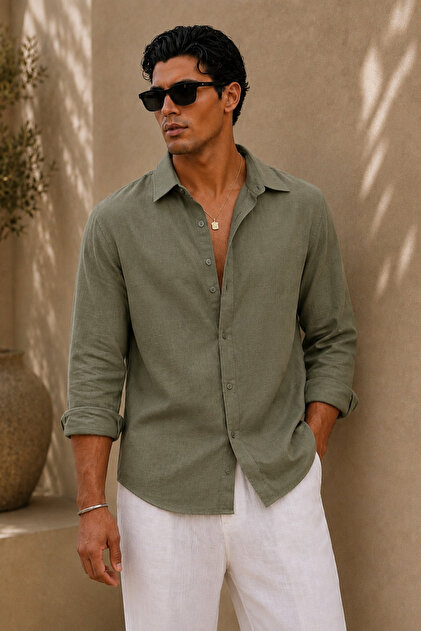 Breathable Regular Muslin Fabric Long Sleeve Collared Men's Shirt - Khaki