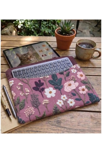 Pudra Bahçesi Koyu desenli Tablet Kılıfı 11-12-13 İnç Şık ve Koruyucu Kılıf Cepli Çok Amaçlı 32x24 cm