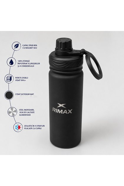 Sticlă de Apă Termos RIMAX, 500 ml, Suport Magnetic N52 pentru Telefon, Inox 18/8, Vacuum, Capac Etanș, BPA Free, Negru