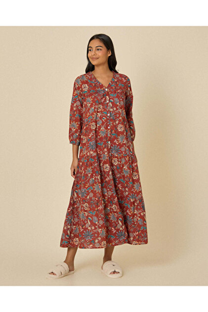 Women Burgundy Printed Nightgown