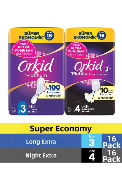 Platinum Night Extra (Size 4) 16 Pieces + Long Extra (Size 3) 16 Pieces Economical Hygienic Pads