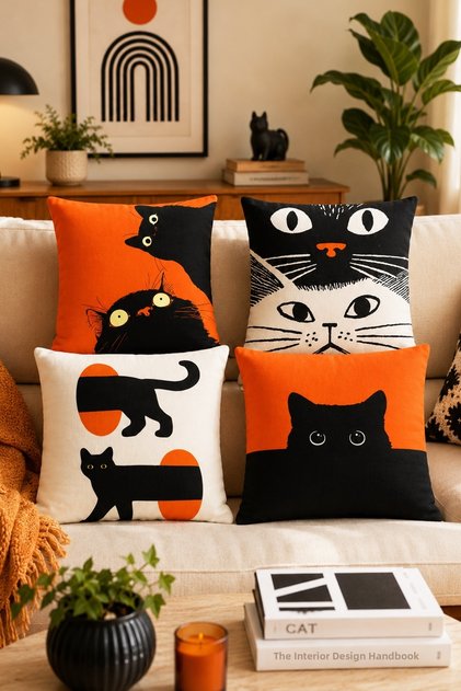 Set of 4 Patterned Throw Pillow Covers with Watching Cats