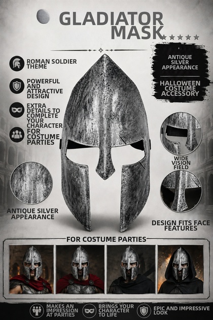 Halloween Gladiator Mask Antique Silver Roman Warrior Costume Halloween Party Face Accessory