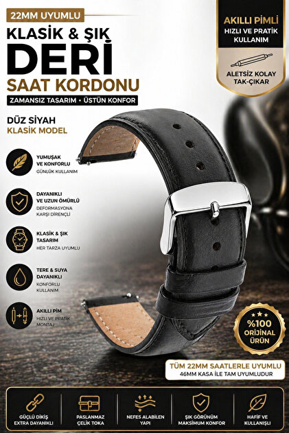 22mm Saat Uyumlu Düz Siyah Klasik Model Deri Saat Kordonu Kayışı 46mm Akıllı Pimli