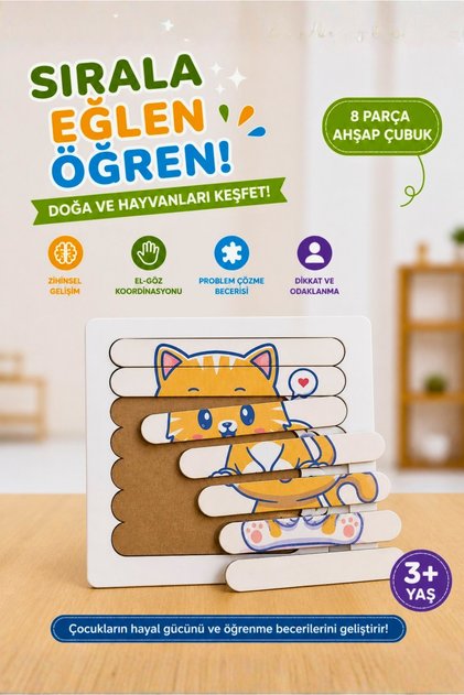 Montessori Eğitici Ahşap Puzzle - Şerit Puzzle - Sevimli Kedi