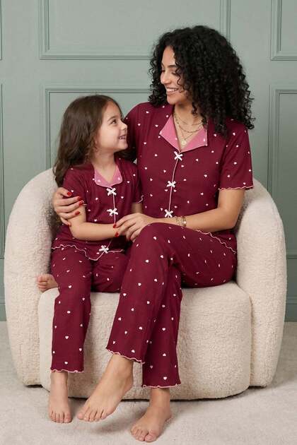 Women's Tiny Heart Patterned Ribbed V-Neck Short Sleeve Under-Long Cool Viscose Camisole Pajama Set