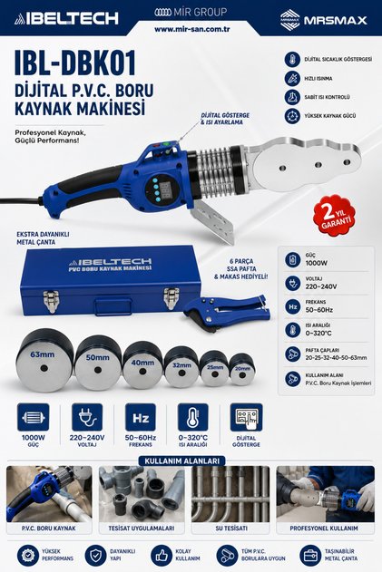 1000W DİJİTAL Plastik Boru Kaynak Makinesi ÇANTALI 320'C 6 PARÇA PAFTA+MAKAS+Hassas Isı Ayarı
