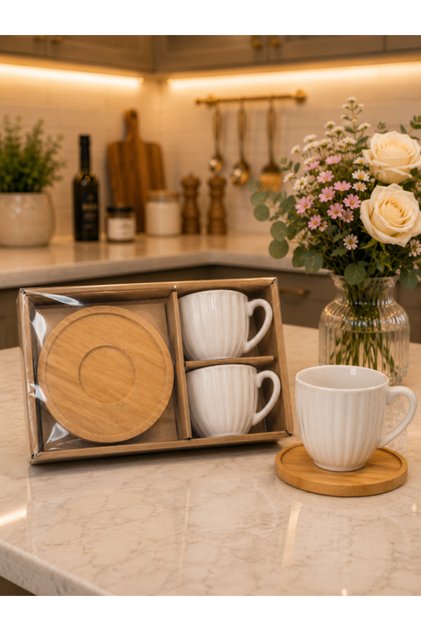 Bambu tabaklı Lüx Seramik İki kişilik Kahve Fincan Takımı 4 parça