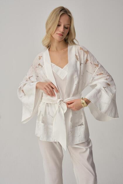 Vegan İpek Kimonolu Kadın Pijama Takımı - LX.25231 Ivory