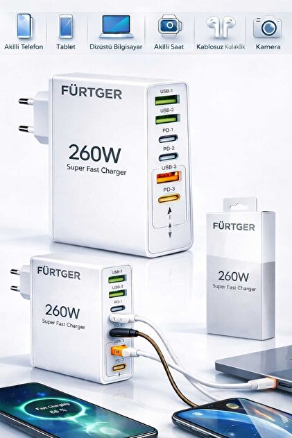 Alman 260W 3 Type-C + 3 Usb-A Toplam 6 Çıkışlı Süper Hızlı Şarj Aleti