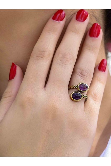 Natural Stone Amethyst Double Natural Stone Antique Model Women's Adjustable Ring Euy75Amt