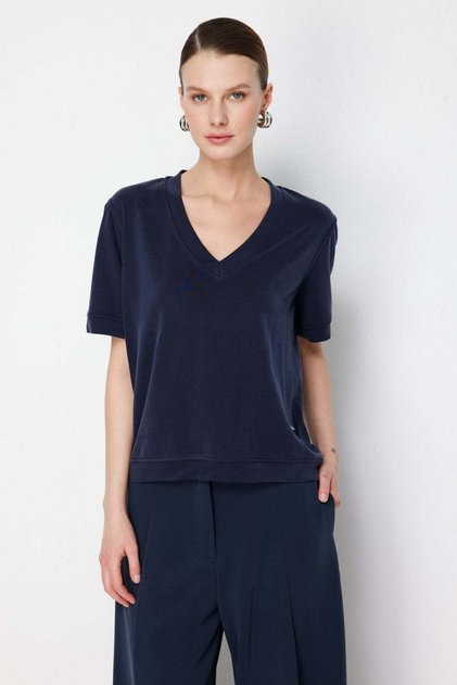 Kadın Relaxed Fit V Yaka Kısa Kollu Örme Bluz 26YON76348