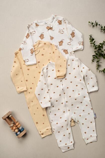 Unisex Bebek Tulum 3’lü Set 9-18 Ay Fermuarlı Pamuklu Ribana Ayıcık Yıldız Desenli