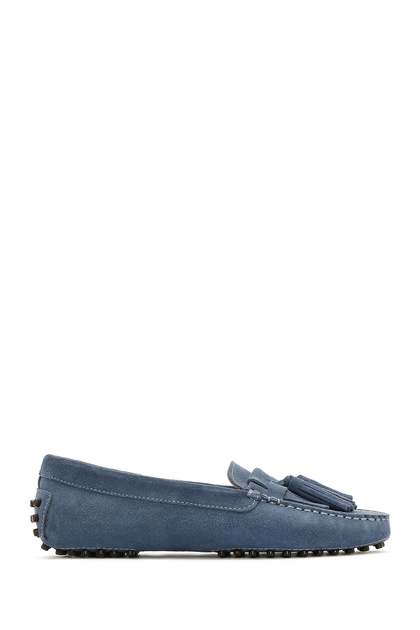 Kadın Mavi Püsküllü Süet Deri Loafer 26PFD290510