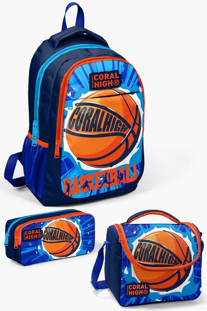 Kids Navy Blue Basketball Patterned 3-Piece School Bag Set GOSET0114405
