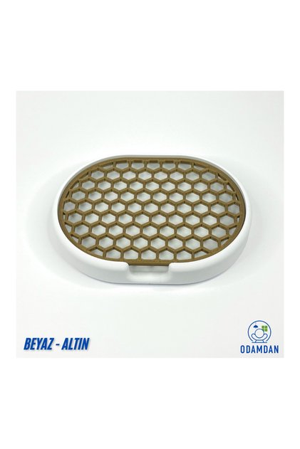 Katı Sabunluk Modern Çift Renkli (Beyaz - Altın) - Su Tahliyeli ve Izgaralı Tasarım (9X12 Cm)