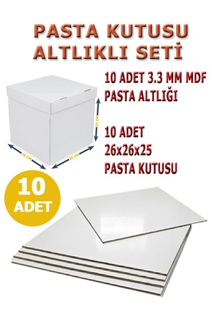 26 X 26 X 25 PASTA KUTUSU VE MDF ALTLIK SETİ 10 ADET BEYAZ OLUKLU MUKAVVA