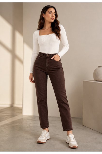 Zera Kadın Premium Kahve Yüksek Bel Likralı Trend Mom Jean