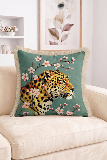 Green Floor Fringed Throw Pillow Cover with Leopard Figure and Pink Floral Branches - Modern Decorative Pillowcase