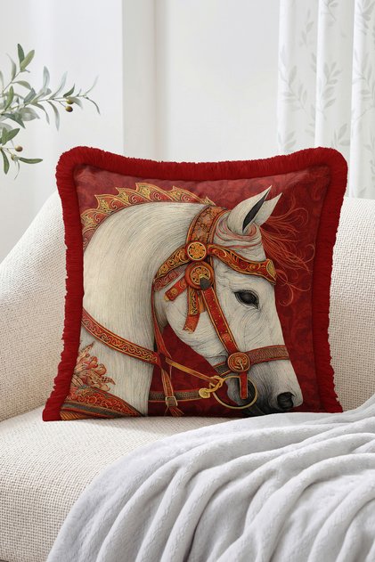 Classic Patterned Fringed Throw Pillow Cover with Embroidered White Horse Figure on the Head - Vintage Decorative Pillow