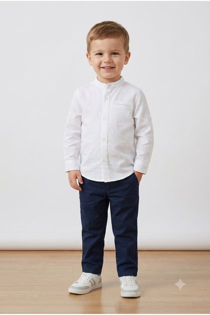 Boy's White Long Sleeve Shirt with Turn-Down Collar - Folded Sleeves, 100% Cotton (if the Size Is Small, Order One Size Larger)