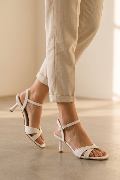 Roise White Skin Thin Medium Heeled Women's Sandals - Strappy Summer Evening Dress Shoes
