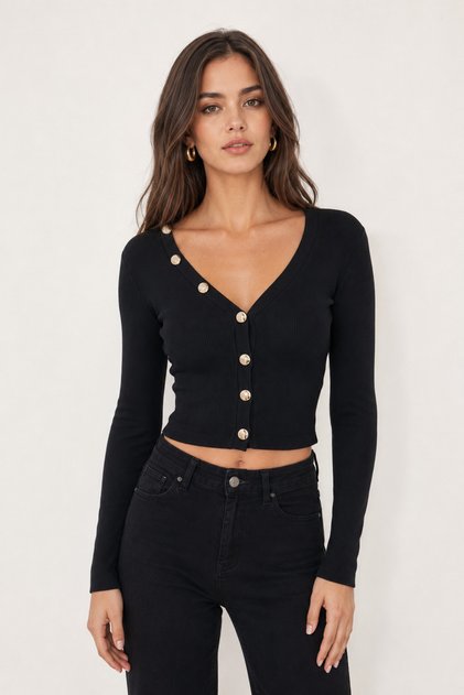 Women's Black Buttoned Short Ribbed Knit Cardigan
