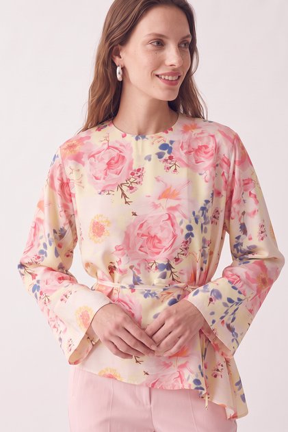 Floral Patterned Asymmetrical Blouse Y0166 - Powder