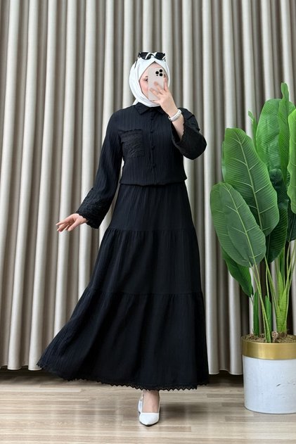 Yasmin Etekli Takım Maya Kumaş Kadın Siyah Kolları ve Cebi Dantel Detaylı Etekli Tesettür Takım