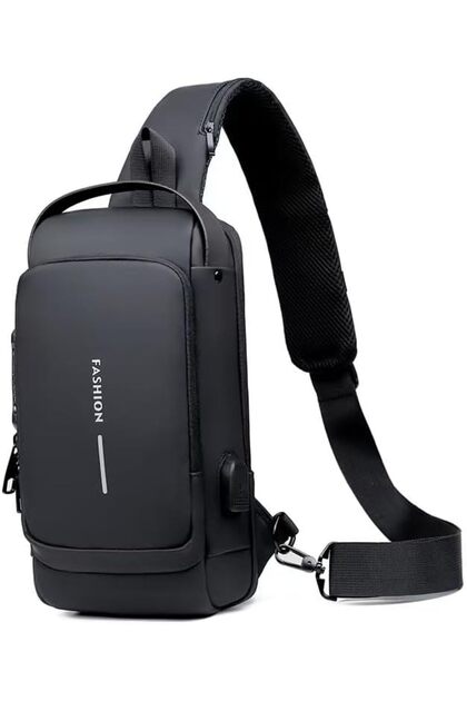 Leather Chest Shoulder Bag with USB Charging Port,Casual Crossbody Daypack for Travel Hiking Men WoM