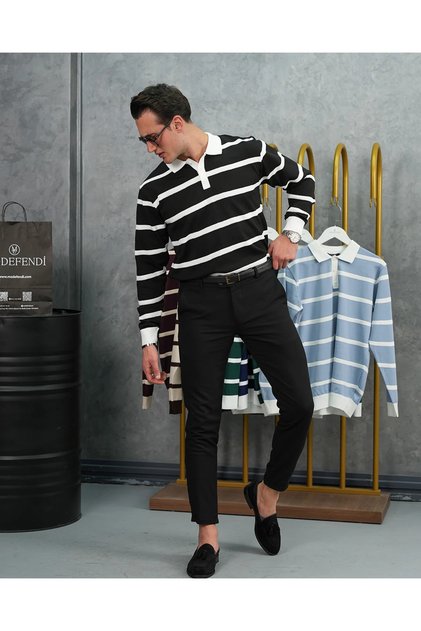 Cotton Lycra Slim Fit Knitted Horizontal Pattern Collar Stripe Detailed Polo Collar Sweater