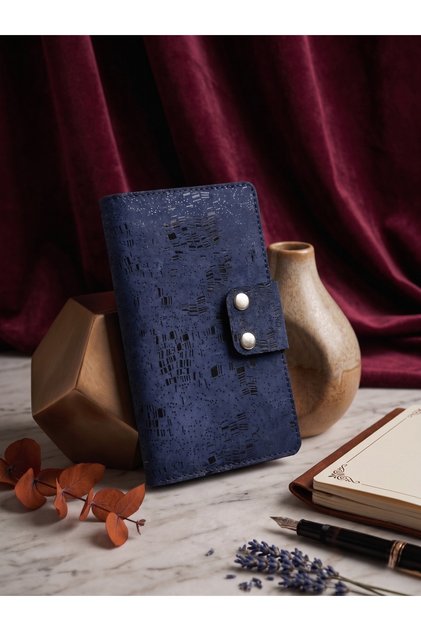 Genuine Leather Navy Blue Women's Portfolio Wallet with Phone Compartment and Card Holder Drc53