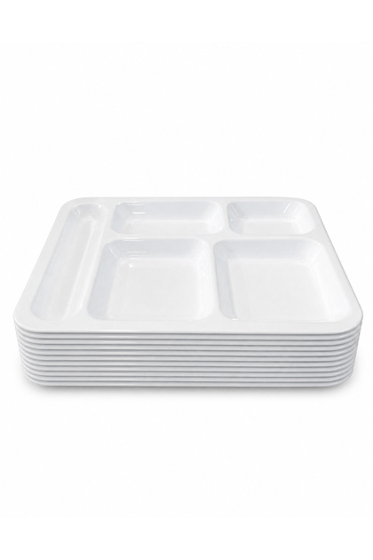 🍽️ 5-Compartment Table D'Hôte Dinner Plate, 10 Pieces - Industrial Table D'Hôte, Canteen Serving Tray 40X28 cm - White